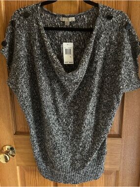 Gray Marled Cowl Neck Short-Sleeve Sweater with Shoulder Buttons NWT